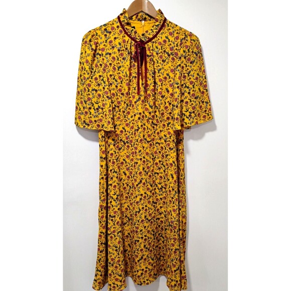 Donna Morgan Floral Print Yellow Ruffled Collar Women Dress Size 10 - Picture 4 of 7